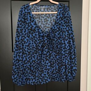 Ava & Viv Blue and Black Polka Dot Tie Front, Long  Sleeve Blouse. Size 2X=20/22